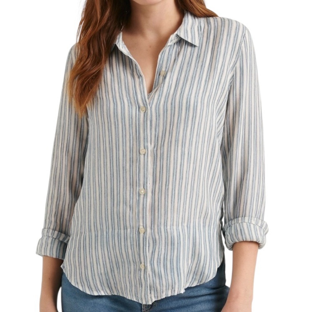 Lucky Brand Women’s Blue & White Striped Button Down Shirt with Slit Back Size M